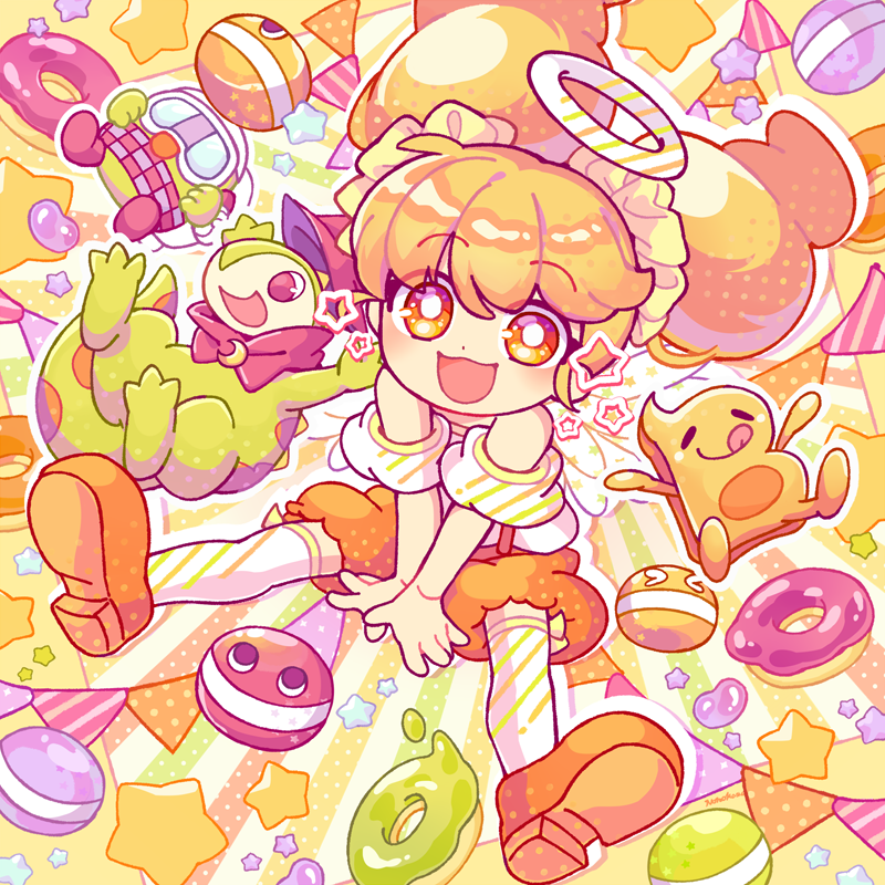 1girl, 2boys, bare_shoulders, bob_2002_(pop'n), brown_footwear, candy, dino_(pop'n), dinosaur, dot_nose, food, halo, jelly_bean, kneehighs, macaron, multiple_boys, nonokusu_(no2xnox), open_mouth, orange_eyes, orange_theme, poet_(pop'n_music), pop'n_music, robot, socks, solo_focus, star_(symbol), suspenders, twintails