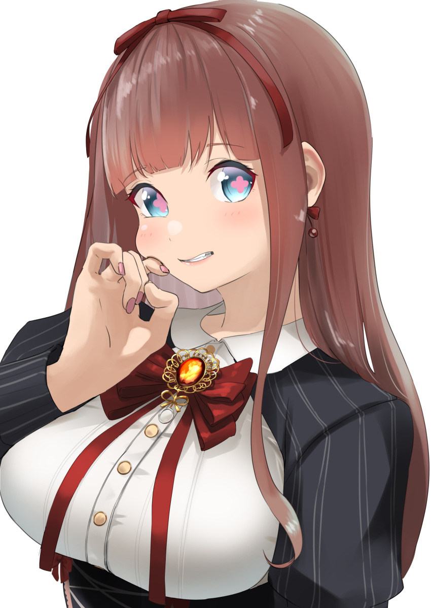 .live, 1girl, absurdres, blue_eyes, blush, bow, breasts, brown_hair