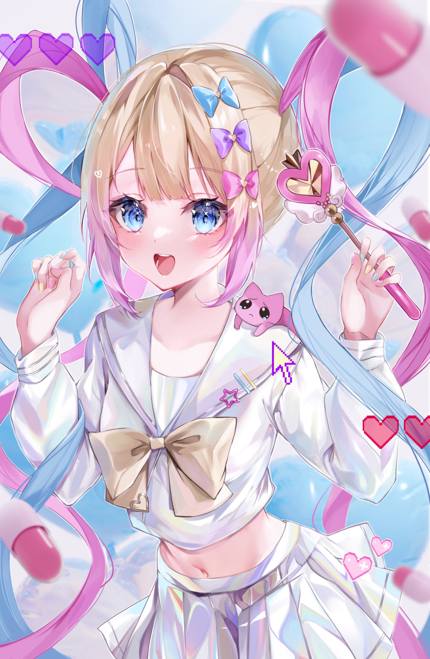 1girl, absurdres, animal_on_shoulder, balloon, blonde_hair, blue_bow, blue_eyes, blue_hair
