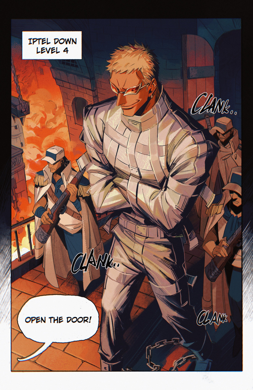 4boys, absurdres, blonde_hair, bound, bound_arms, chain, coat, donquixote_doflamingo, earrings, english_text, epaulettes, fire, gun, height_difference, highres, holding, holding_gun, holding_weapon, jewelry, male_focus, multiple_boys, one_piece, prison, shaded_face, short_hair, smirk, sunglasses, sword, sword_behind_back, weapon, white-framed_eyewear, white_coat, white_headwear, zoewadewilson