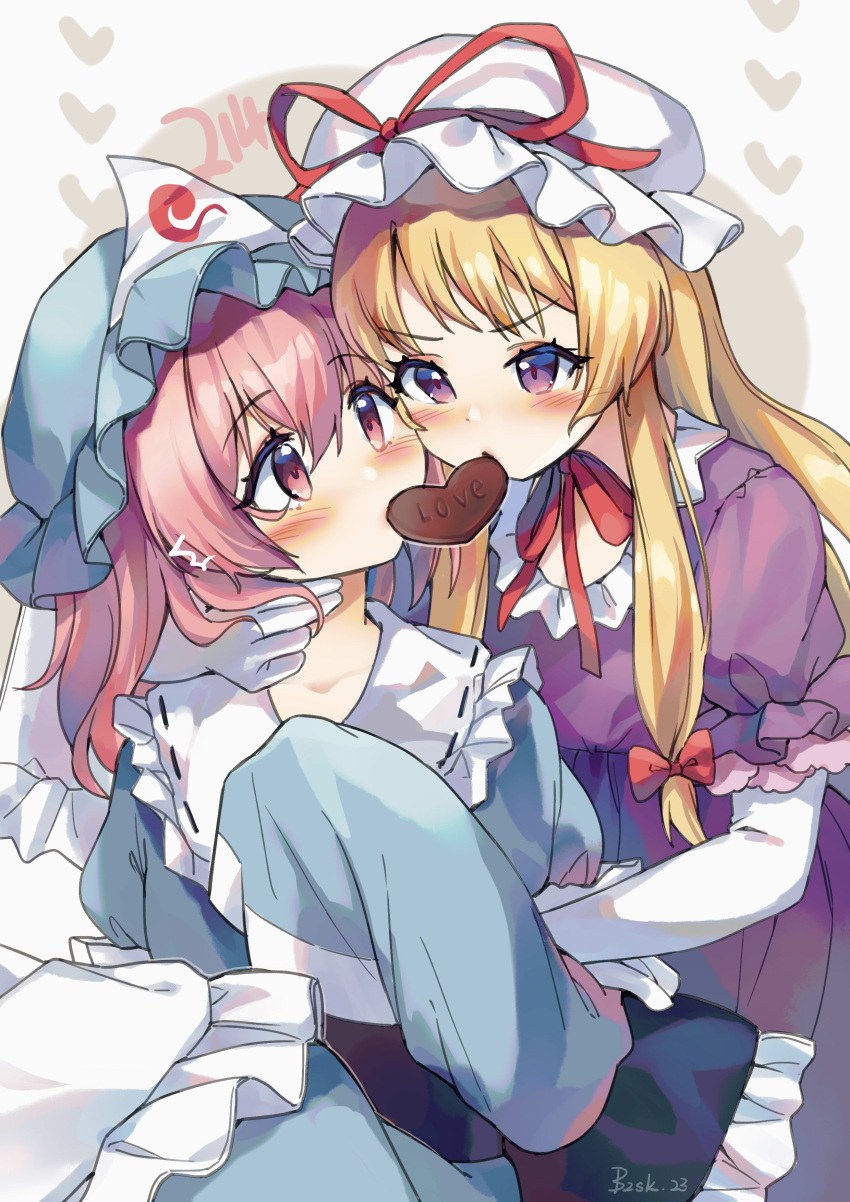 2girls, absurdres, bangs, baozishark, blonde_hair, blue_headwear, blue_kimono, blush
