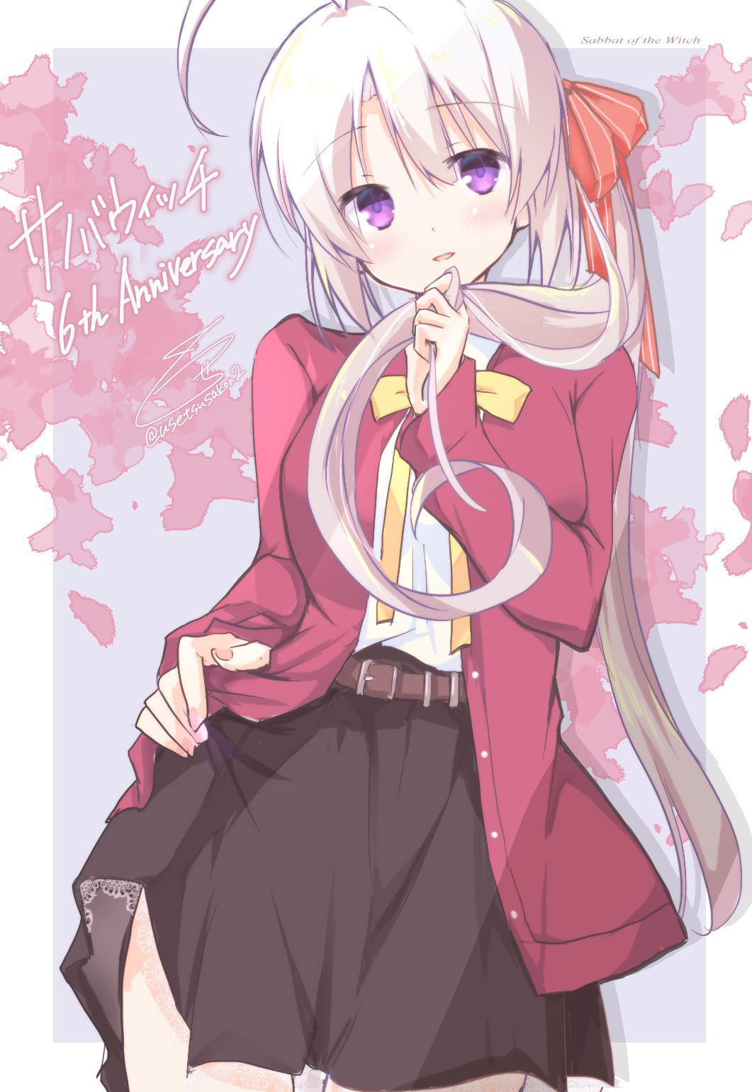 1girl, ahoge, anniversary, ayachi_nene, bangs, belt, blue_background, blush, bow, breasts, brown_belt, brown_skirt, clothes_lift, commentary_request, copyright_name, english_text, frilled_skirt, frills, hair_between_eyes, hair_ribbon, hand_up, head_tilt, highres, holding, holding_hair, jacket, large_breasts, long_hair, miniskirt, open_clothes, open_jacket, parted_lips, playing_with_hair, red_jacket, red_ribbon, ribbon, sanoba_witch, shirt, side_ponytail, sidelocks, signature, simple_background, skirt, skirt_lift, smile, solo, standing, twitter_username, usetsusakon2, very_long_hair, violet_eyes, white_hair, white_shirt, yellow_bow, yuzu-soft