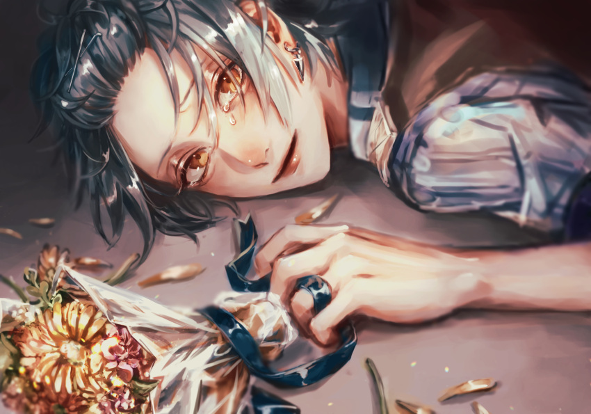 1boy, bangs_pinned_back, black_star_-theater_starless-, blue_hair, bouquet, brown_eyes, crying, crying_with_eyes_open