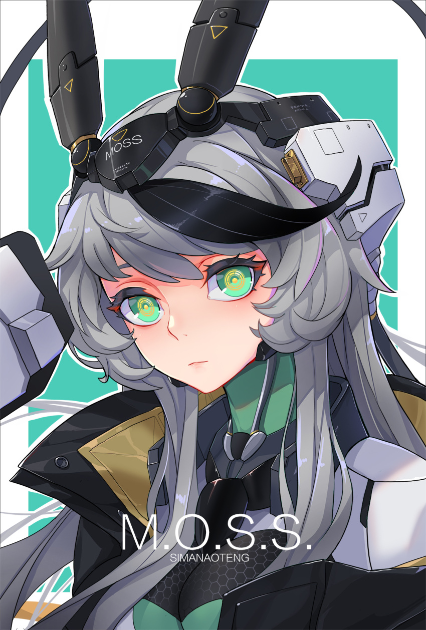 1girl, android, artist_name, black_hair, black_jacket, bodysuit, character_name, expressionless