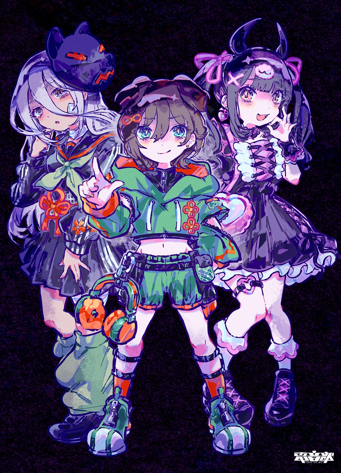 3girls, abeno-shakuji-maya, animal_ears, bandage_on_face, bandaged_neck, bandages, bangs, belt_pouch