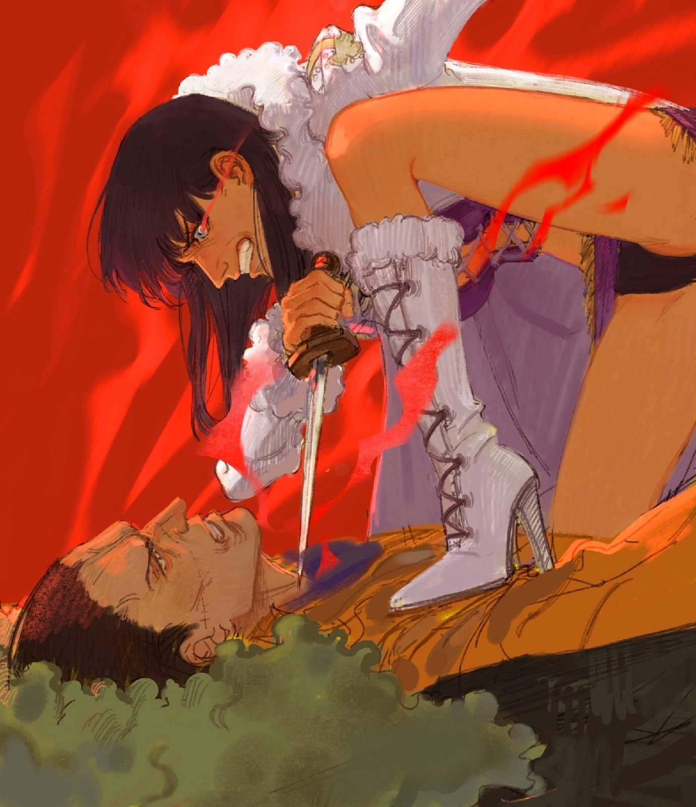 1girl, angry, bare_legs, black_hair, black_panties, blue_eyes, bulic-h, cape, coat, crocodile_(one_piece), foot_on_chest, fur_trim, green_coat, hair_slicked_back, high_heels, highres, holding, holding_knife, knife, lying, medium_hair, nico_robin, on_back, one_piece, panties, scar, scar_on_face, short_hair, teeth, underwear, white_cape, white_footwear