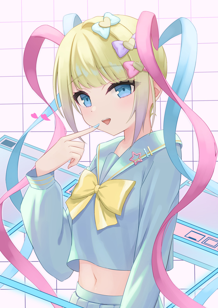 1girl, absurdres, blonde_hair, blue_bow, blue_eyes, blue_hair, blue_nails, blue_shirt