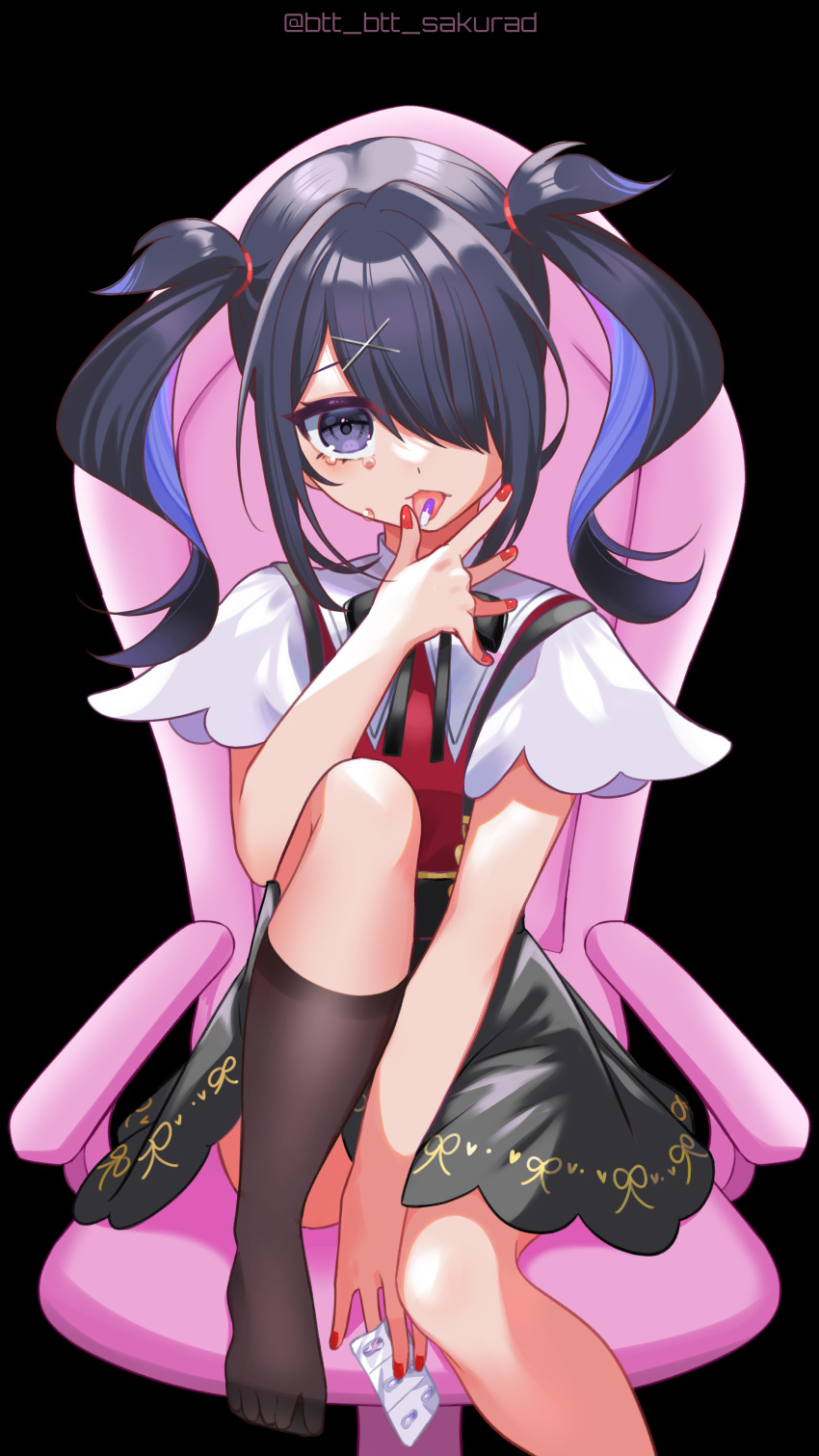 1girl, absurdres, ame-chan_(needy_girl_overdose), between_legs, black_background, black_eyes, black_hair, black_ribbon, black_skirt, black_socks, chair, collar, collared_shirt, crying, crying_with_eyes_open, foot_out_of_frame, hair_ornament, hair_over_one_eye, hair_tie, hairclip, hand_between_legs, highres, jirai_kei, knee_up, looking_at_viewer, medium_hair, neck_ribbon, needy_girl_overdose, no_shoes, pill, pill_on_tongue, red_nails, red_shirt, ribbon, sakurada_btt, shirt, shirt_tucked_in, sitting, skirt, socks, solo, suspender_skirt, suspenders, tears, tongue, tongue_out, twintails, white_collar, x_hair_ornament