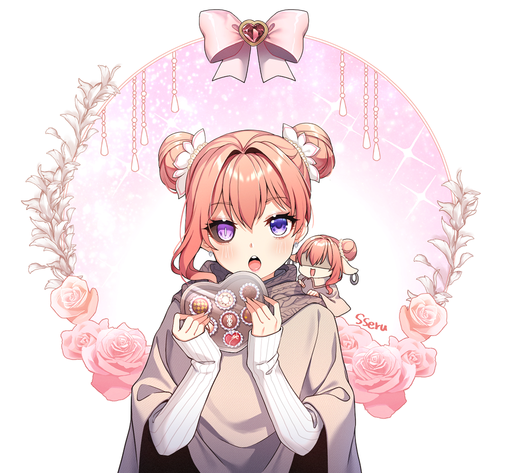 1girl, blush, bow, box, chocolate, commentary_request, double_bun, ear_piercing
