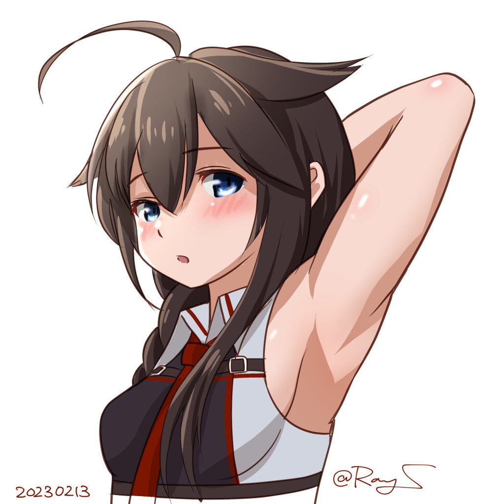 1girl, ahoge, armpits, black_hair, black_shirt, blue_eyes, braid, commentary_request, hair_flaps, hair_over_shoulder, kantai_collection, looking_at_viewer, necktie, one-hour_drawing_challenge, ray.s, red_necktie, shigure_(kancolle), shigure_kai_san_(kancolle), shirt, simple_background, single_braid, sleeveless, sleeveless_shirt, solo, two-tone_shirt, upper_body, white_background