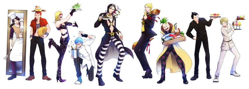 abs, animal, balancing_on_head, black_hair, black_jacket, blonde_hair, blue_hair, bucket