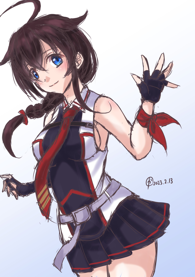 1girl, ahoge, belt, black_gloves, black_hair, black_shirt, black_skirt, blue_eyes, braid, cowboy_shot, fingerless_gloves, gloves, gradient_background, hair_flaps, hair_over_shoulder, kantai_collection, kanyasu, necktie, one-hour_drawing_challenge, pleated_skirt, red_necktie, shigure_(kancolle), shigure_kai_san_(kancolle), shirt, single_braid, skirt, sleeveless, sleeveless_shirt, smile, solo, two-tone_shirt, white_belt