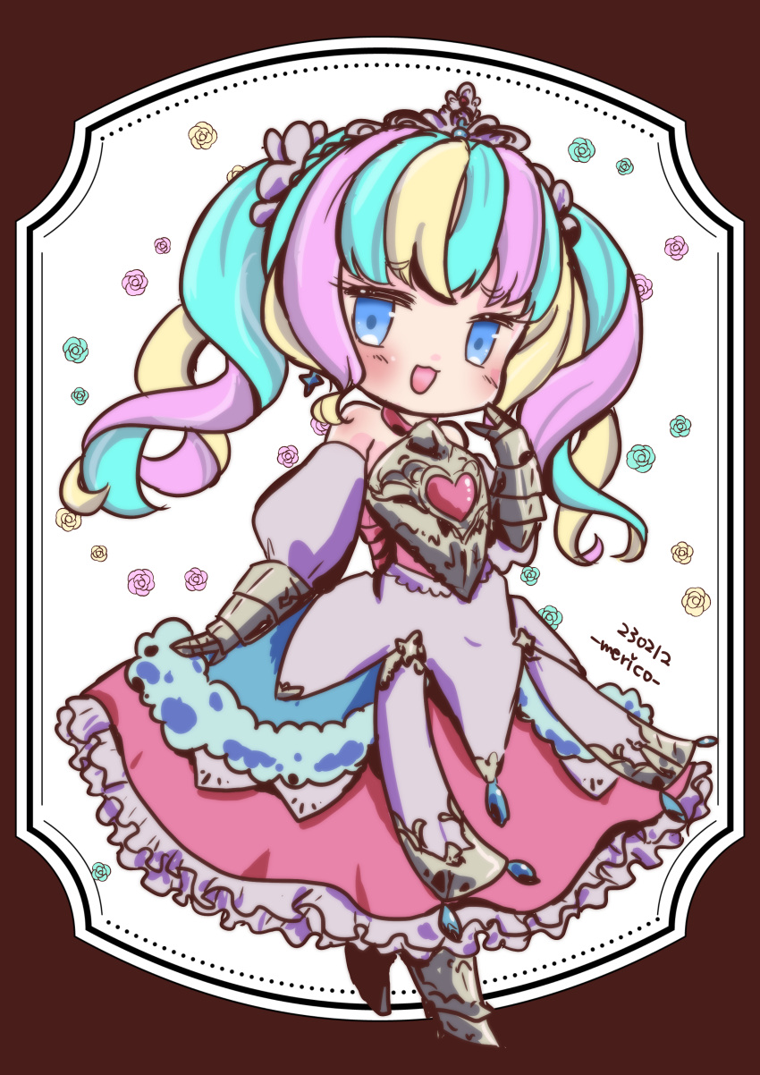 1girl, :d, absurdres, aqua_hair, armor, bare_shoulders, blonde_hair, blue_eyes, blush, breastplate, chibi, dress, frilled_dress, frills, full_body, gauntlets, highres, long_dress, merico, multicolored_hair, pink_dress, pink_hair, princess, princess_(sekaiju), princess_5_(sekaiju), sekaiju_no_meikyuu, sekaiju_no_meikyuu_3, sekaiju_no_meikyuu_hd, signature, sleeveless, sleeveless_dress, smile, solo, tiara, twintails