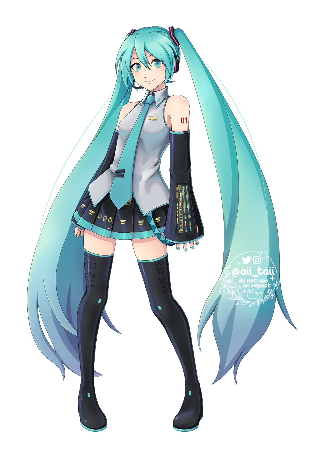 1girl, aii_taii, aqua_eyes, aqua_hair, aqua_nails, aqua_necktie, boots, breasts, commentary, derivative_work, detached_sleeves, english_commentary, full_body, hatsune_miku, headset, highres, long_hair, miniskirt, necktie, pleated_skirt, shirt, skirt, sleeveless, sleeveless_shirt, sleeves_past_wrists, small_breasts, smile, solo, thigh_boots, transparent_background, twintails, twitter_username, very_long_hair, vocaloid, vocaloid_boxart_pose, watermark, zettai_ryouiki