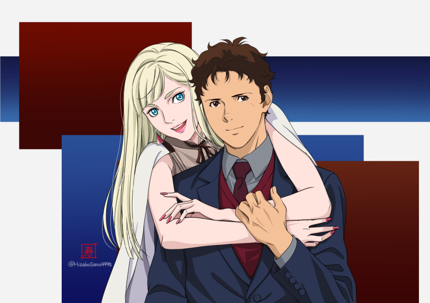 1boy, 1girl, artist_logo, asymmetrical_bangs, bangs, blonde_hair, blue_eyes, blue_jacket, blue_suit, brown_eyes, brown_hair, brown_necktie, brown_ribbon, cape, chamisuke, closed_mouth, earrings, formal, gigi_andalusia, grey_shirt, gundam, gundam_hathaway's_flash, hand_on_another's_arm, hathaway_noa, highres, hug, hug_from_behind, jacket, jewelry, lipstick, long_hair, looking_at_viewer, makeup, multicolored_background, nail_polish, necktie, open_mouth, red_nails, ribbon, shirt, short_hair, smile, straight_hair, suit, teeth, triangle_earrings, twitter_username, upper_teeth_only, white_cape