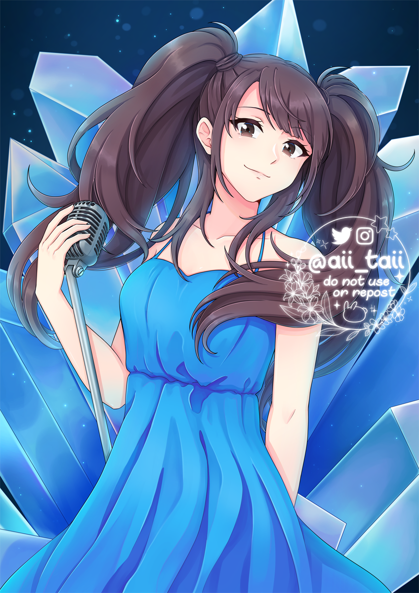 1girl, aii_taii, arm_behind_back, blue_dress, breasts, brown_eyes, brown_hair, commentary
