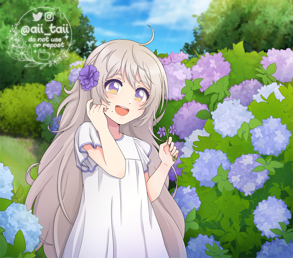 1girl, ahoge, aii_taii, blue_sky, bush, commentary, dress, english_commentary