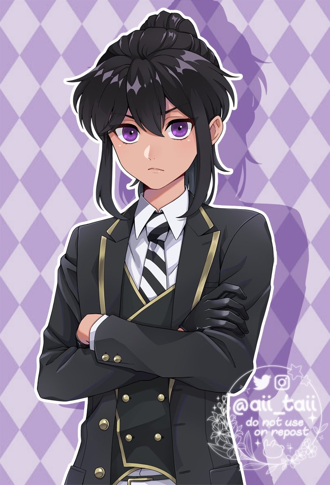 1other, aii_taii, androgynous, argyle, argyle_background, black_gloves, black_hair, black_jacket, commentary, commission, crossed_arms, diagonal-striped_necktie, english_commentary, frown, gloves, half_gloves, jacket, original, ponytail, solo, twitter_username, upper_body, vest, violet_eyes, watermark
