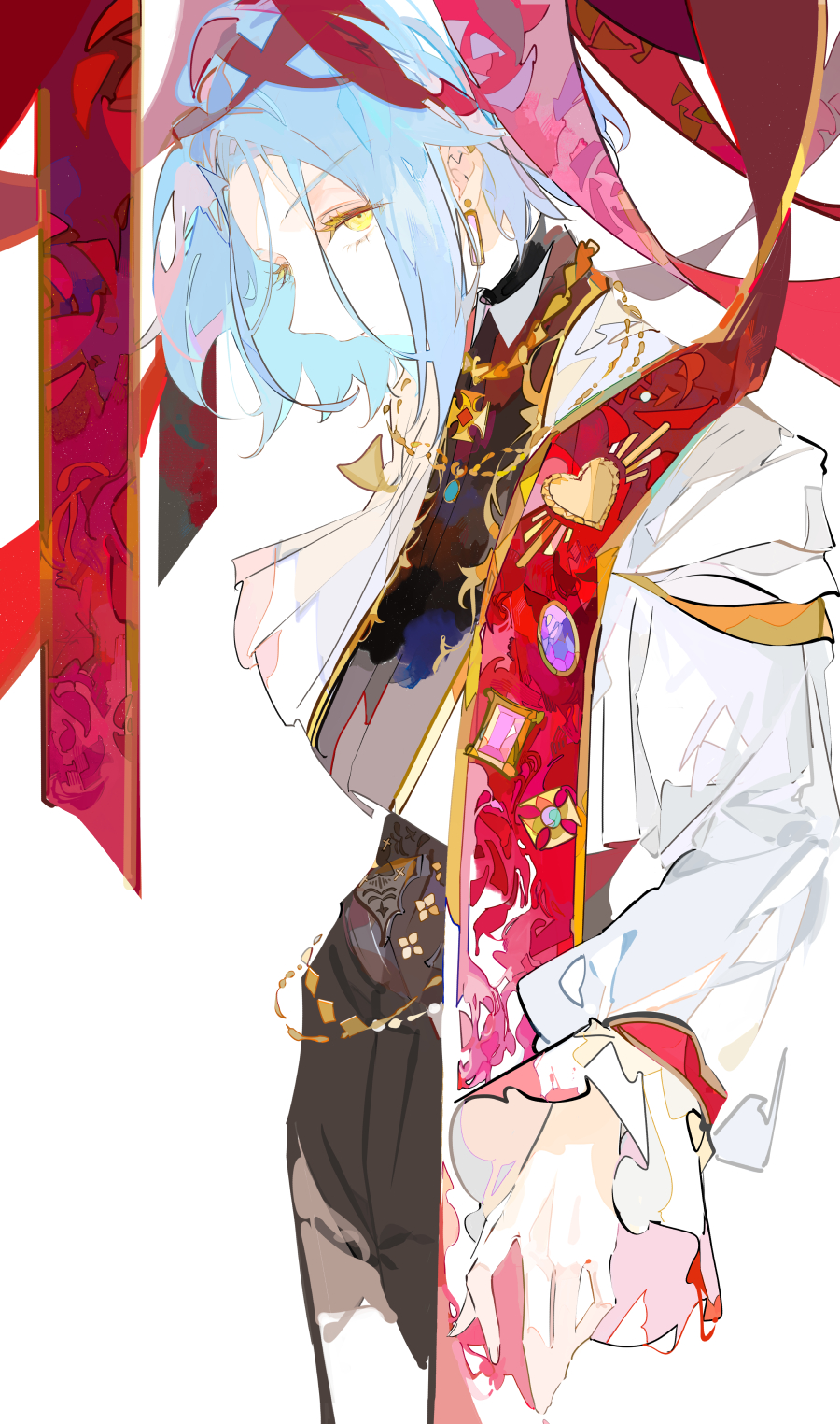 1girl, black_pants, blue_hair, closed_mouth, cowboy_shot, cross, dangle_earrings, earrings