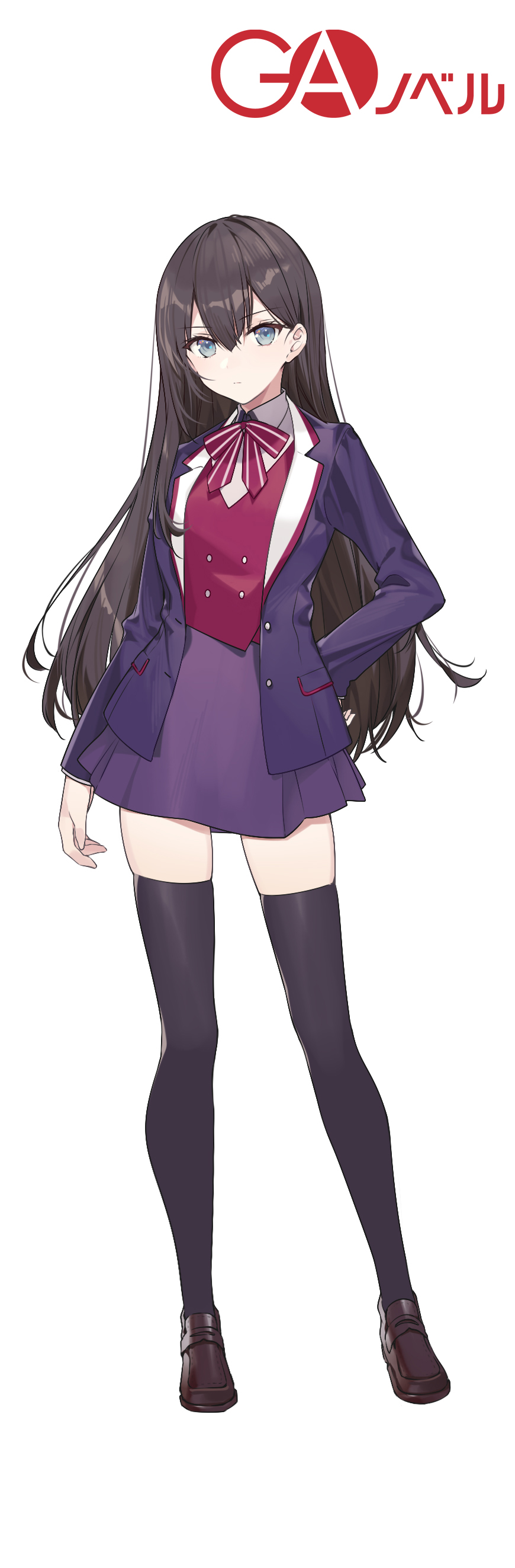 1girl, absurdres, ahoge, arm_behind_back, bangs, black_bow, black_hair, black_thighhighs