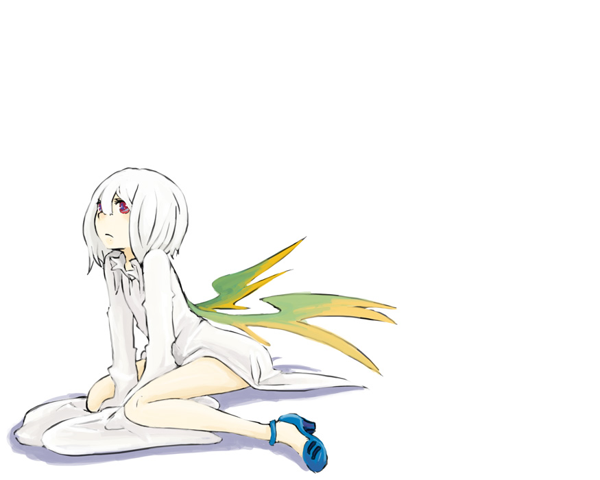 kaprice, original, oversized_clothes, red_eyes, short_hair, solo, white_hair, wings