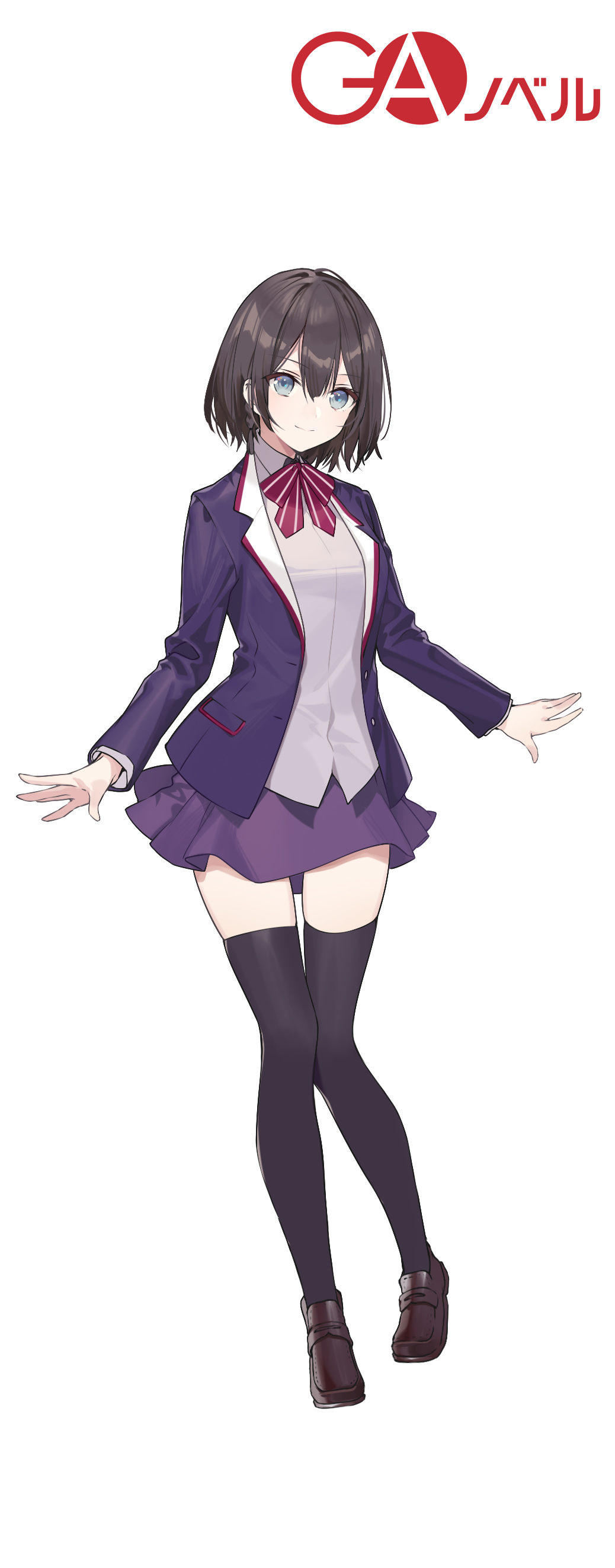 1girl, absurdres, bangs, black_bow, black_hair, black_thighhighs, blazer, bow