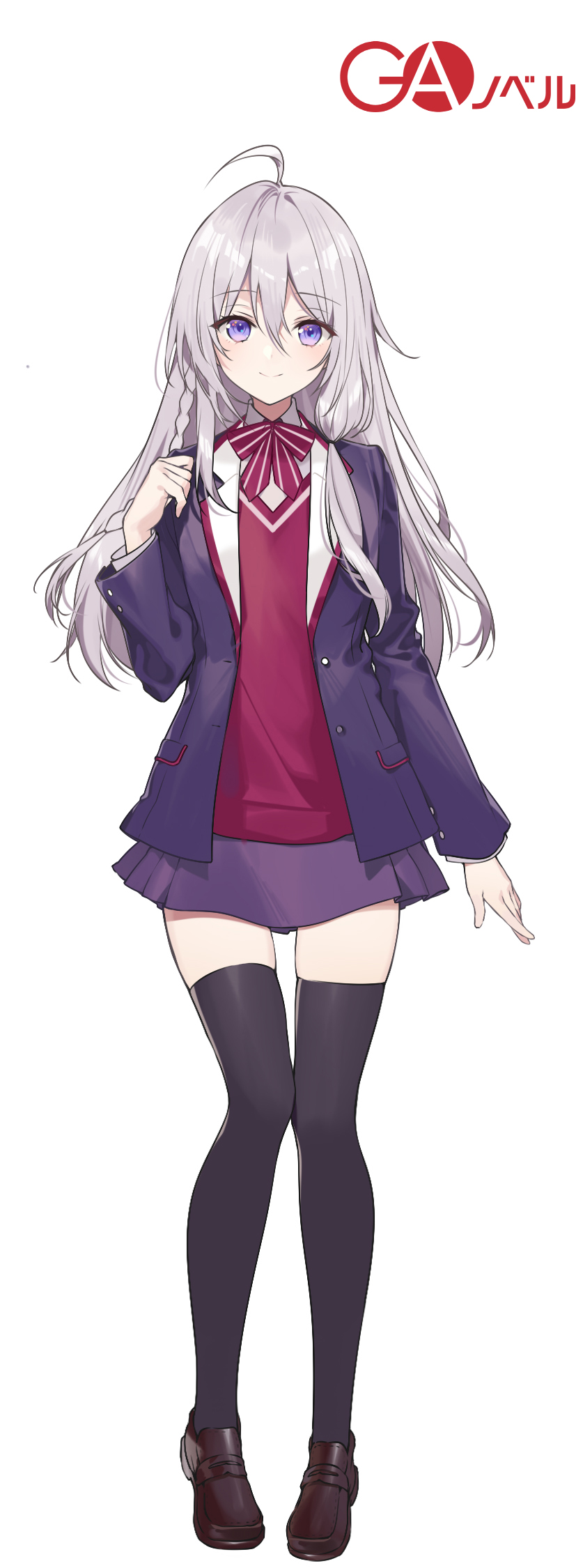 1girl, ahoge, bangs, black_bow, black_thighhighs, blazer, bow, braid