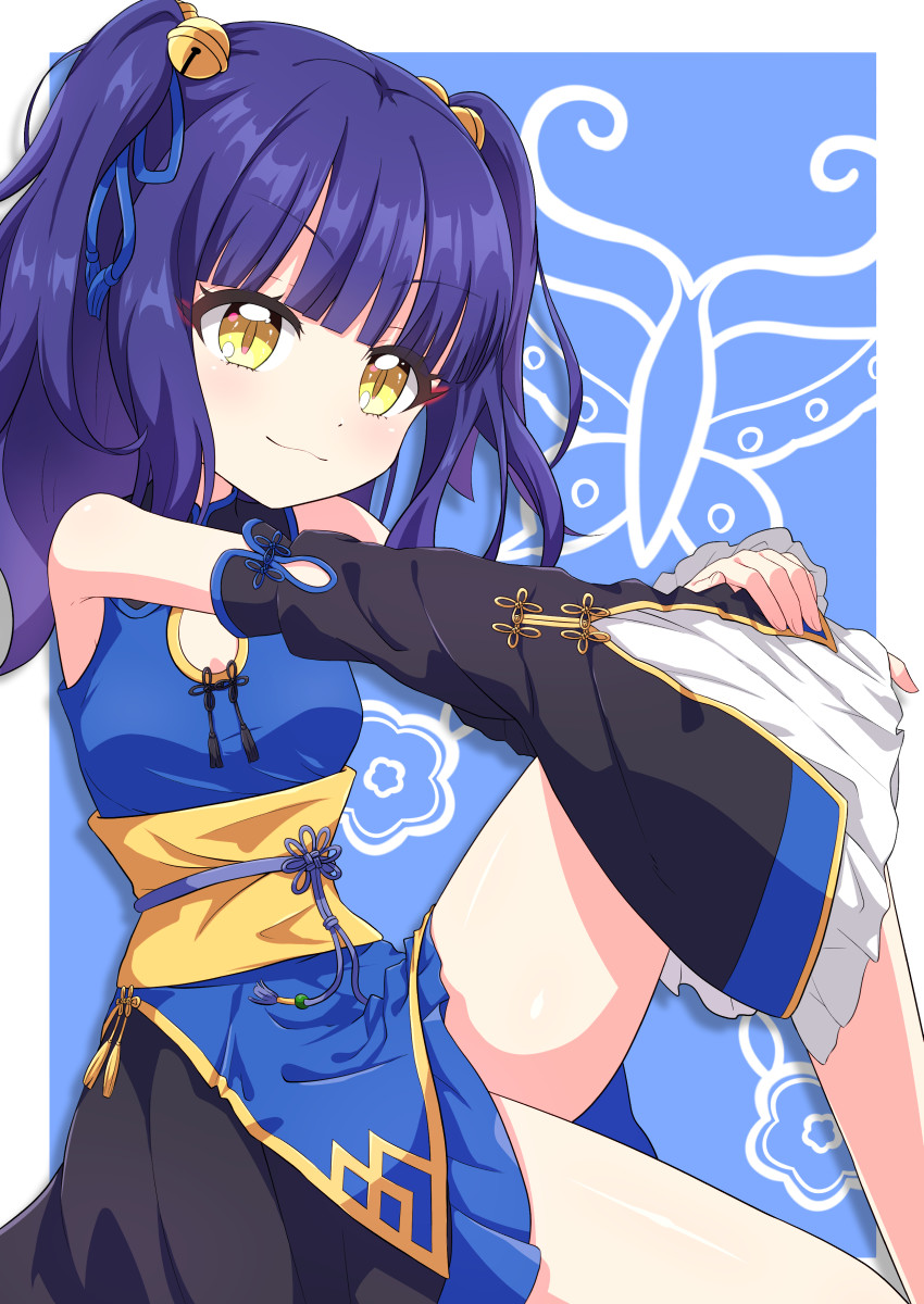 1girl, bare_shoulders, bell, blush, breasts, chinese_clothes, closed_mouth, hair_bell