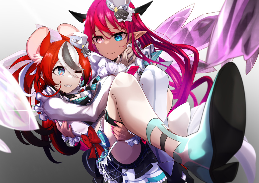 2girls, absurdres, animal_ears, bangs, black_hair, blue_eyes, carrying, dress, frilled_dress, frills, hakos_baelz, heterochromia, highres, hololive, hololive_english, hololive_idol_uniform_(bright), idol_clothes, irys_(hololive), long_hair, mouse_ears, mouse_girl, multicolored_hair, multiple_girls, nail_polish, open_mouth, pink_eyes, princess_carry, purple_hair, purple_nails, redhead, rlus, skirt, streaked_hair, twintails, two-tone_hair, very_long_hair, virtual_youtuber, white_hair, yuri