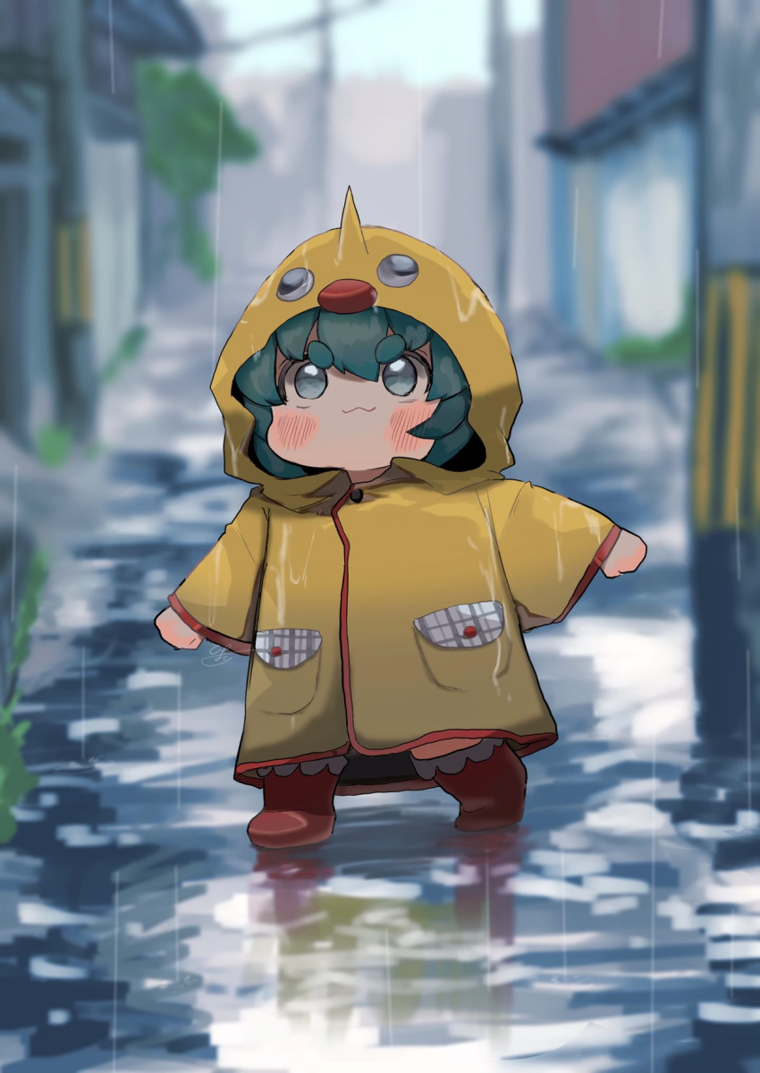 1girl, alternate_costume, boots, determined, duck_hood, green_eyes, green_hair, highres