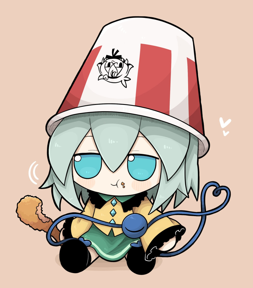 black_footwear, blue_eyes, blush, boots, bucket, bucket_on_head, buttons, chicken_(food)