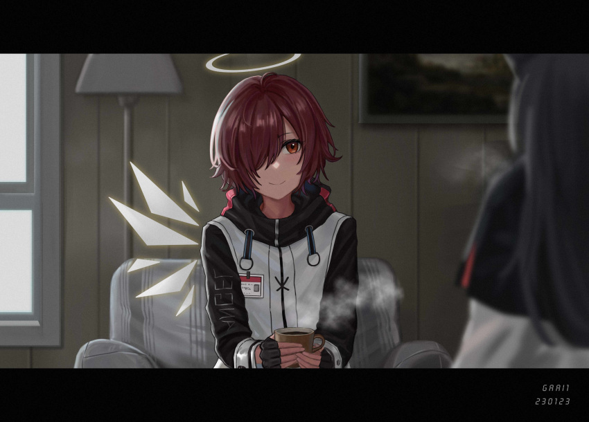 2girls, absurdres, arknights, armchair, artist_name, chair, character_request, coffee