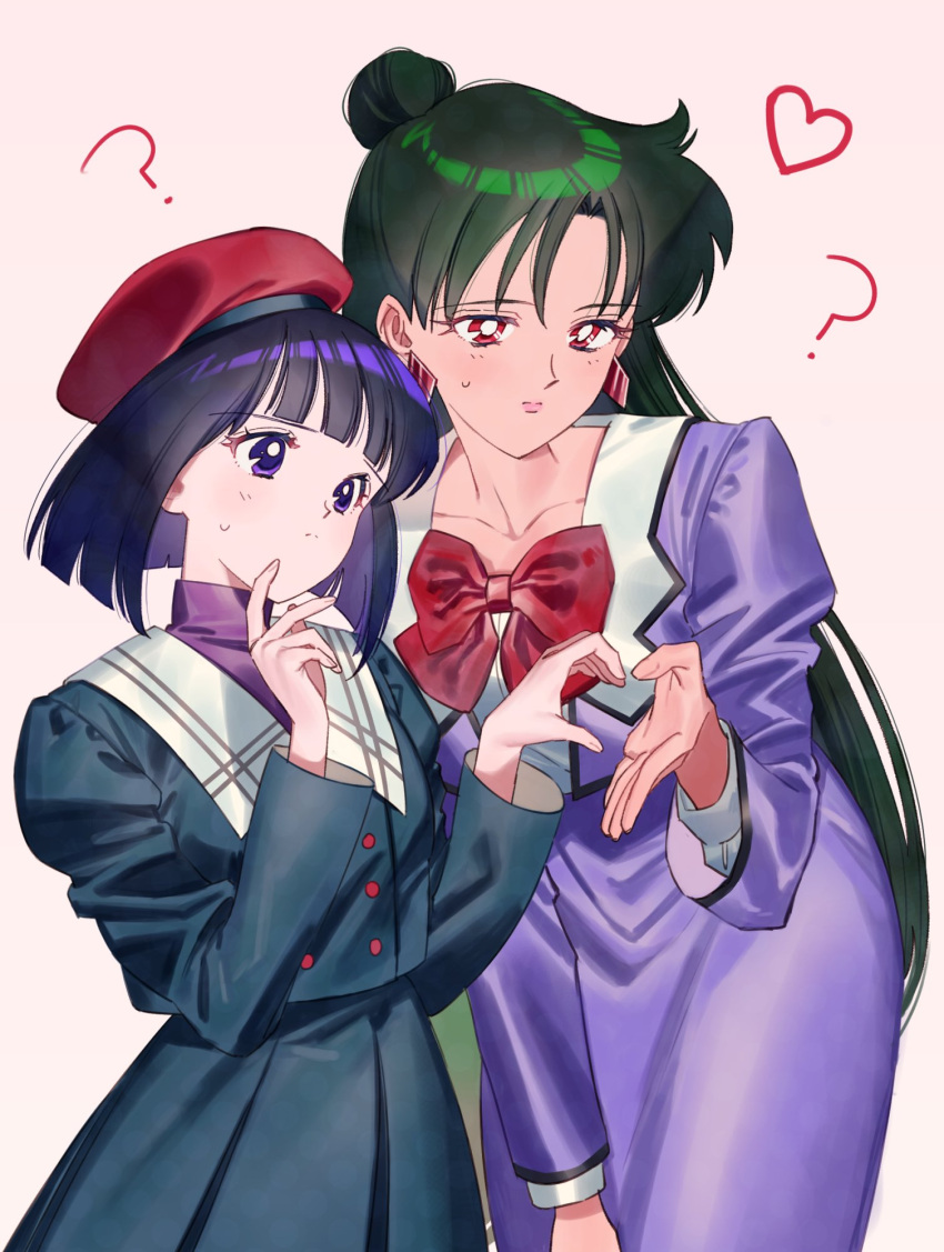 2girls, ?, bangs, beret, bishoujo_senshi_sailor_moon, black_hair, blunt_bangs, blunt_ends