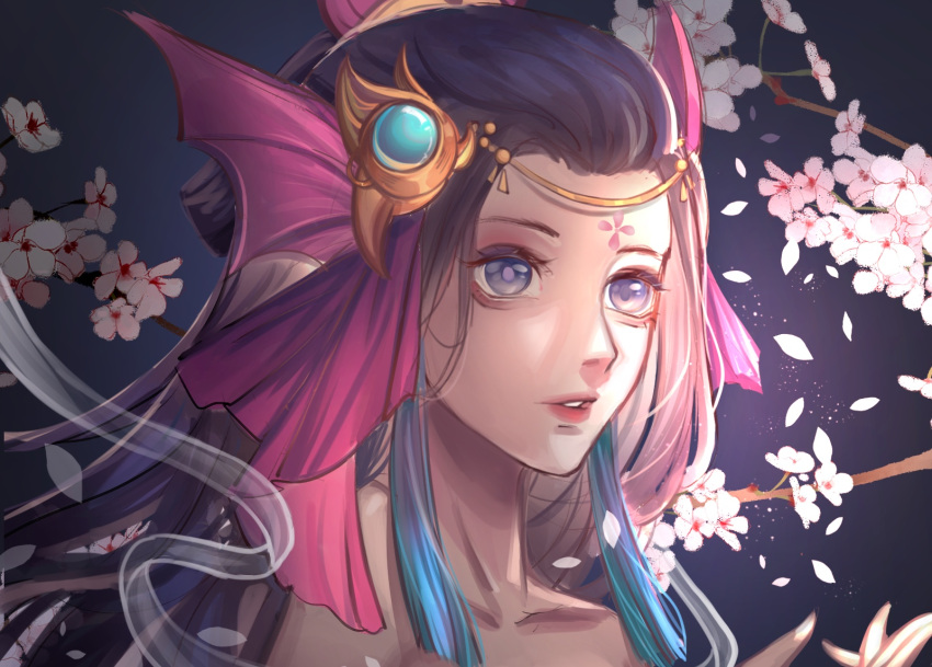 1girl, bangs, collarbone, fins, fish_girl, flower, gradient_background, green_eyes