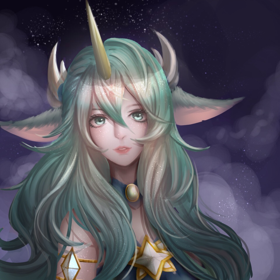 1girl, bangs, green_eyes, green_hair, horns, league_of_legends, long_hair, night