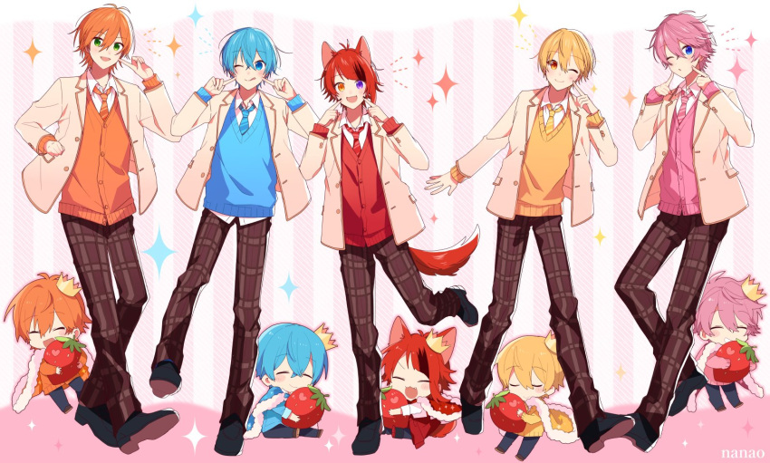 5boys, :d, ahoge, animal_ears, artist_name, bangs, black_footwear, blazer