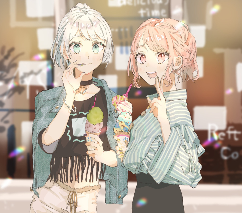 2girls, :d, bang_dream!, bangs, black_choker, black_pants, black_shirt, blurry
