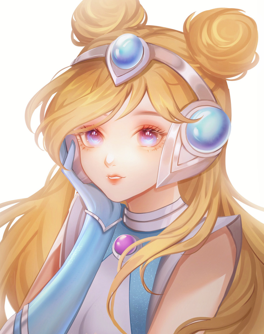 1girl, absurdres, bangs, bare_shoulders, blonde_hair, double_bun, elbow_gloves, gem
