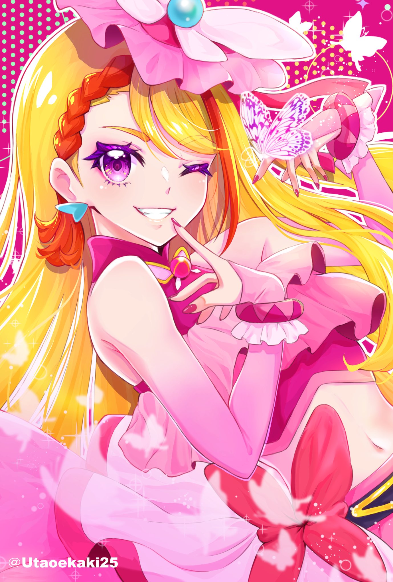 1girl, belt_bow, blonde_hair, braid, bridal_gauntlets, brooch, bug, butterfly, butterfly_earrings, commentary_request, cure_butterfly, earrings, grin, highres, hijiri_ageha, hirogaru_sky!_precure, jewelry, long_hair, magical_girl, midriff, multicolored_hair, navel, one_eye_closed, orange_hair, pink_headwear, pink_nails, pink_skirt, precure, side_braid, skirt, smile, solo, streaked_hair, uta_(yagashiro25), violet_eyes, wing_brooch