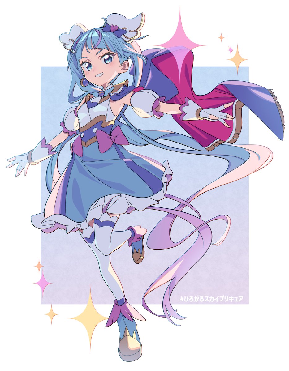 1girl, ahoge, blue_eyes, blue_hair, blue_skirt, bow, brooch, cape