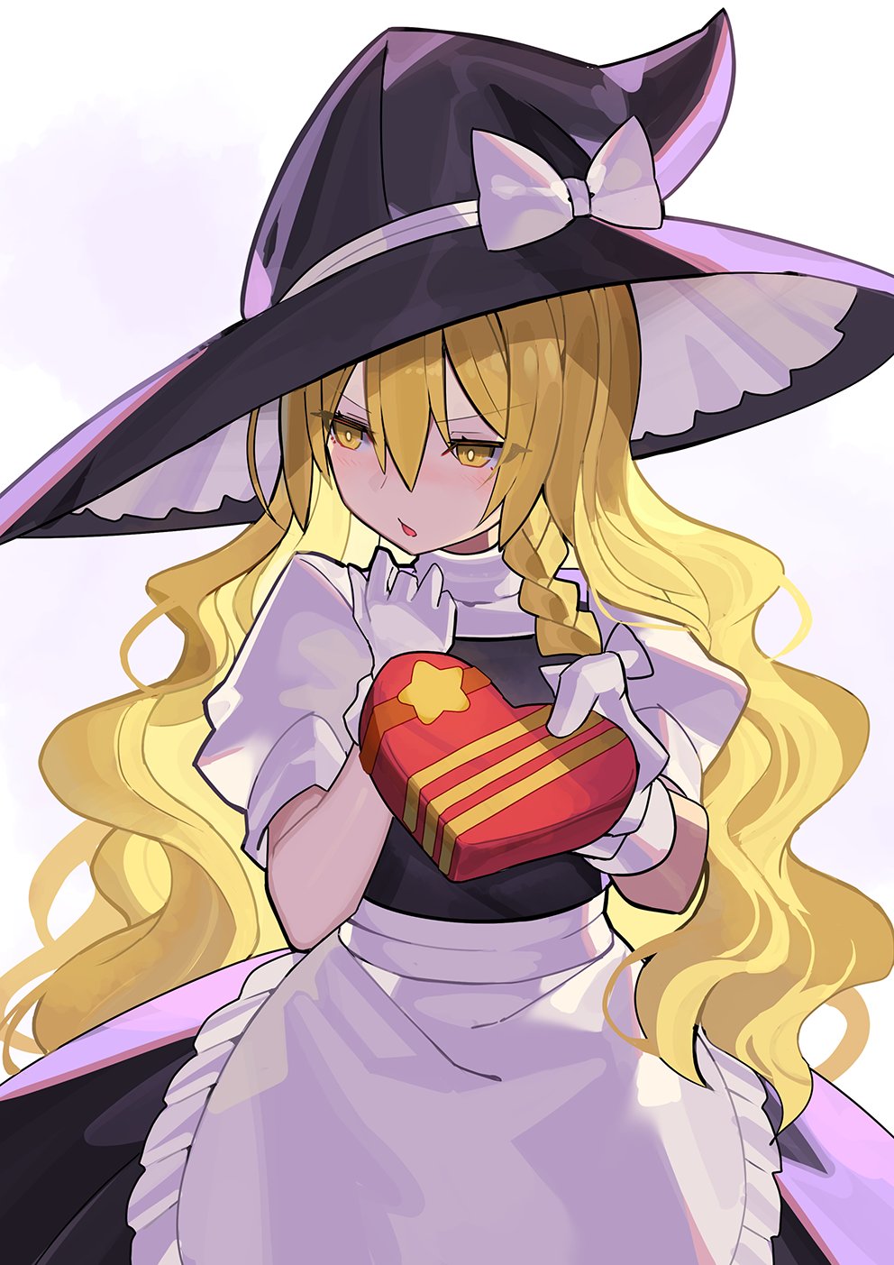 1girl, apron, bangs, black_dress, black_headwear, blonde_hair, blush, bow