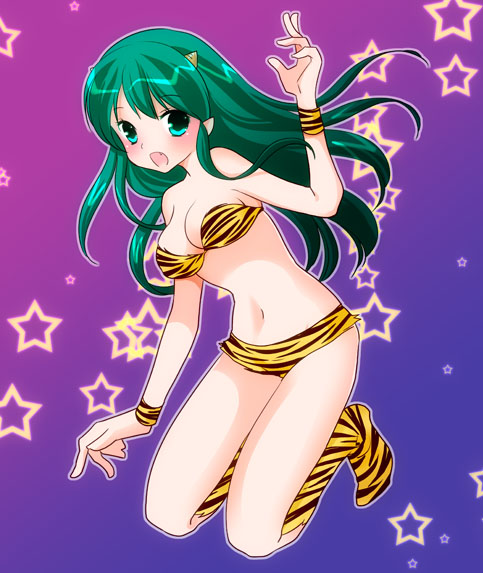 boots, fang, green_eyes, green_hair, horns, long_hair, lum, oni
