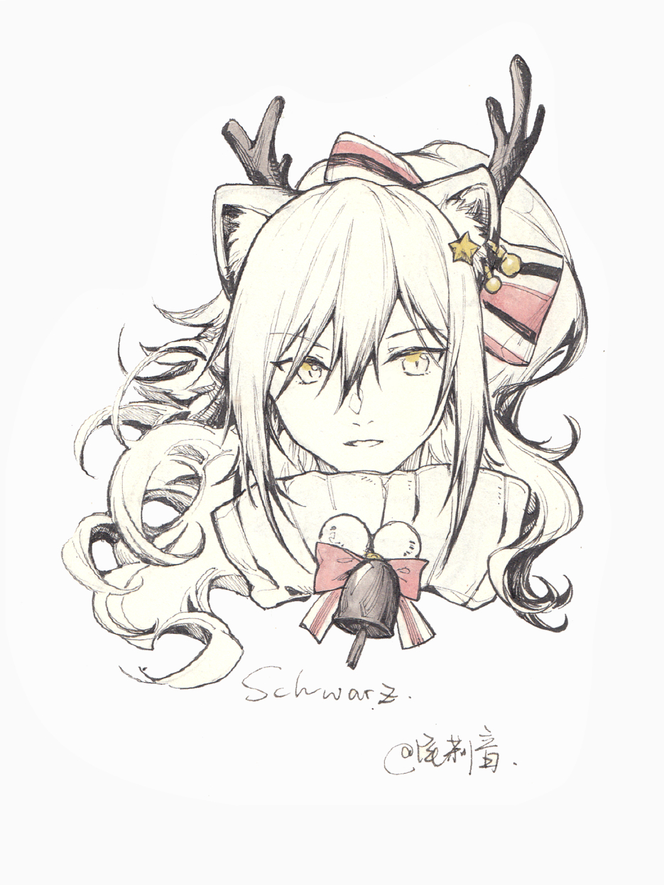 1girl, animal_ears, antlers, arknights, bell, bow, cat_ears, character_name, christmas_ornaments, hair_bow, hair_ornament, high_collar, highres, long_hair, parted_lips, ponytail, portrait, schwarz_(arknights), schwarz_(presents)_(arknights), signature, smile, solo, spot_color, star_(symbol), sweater, weiliyin, yellow_eyes