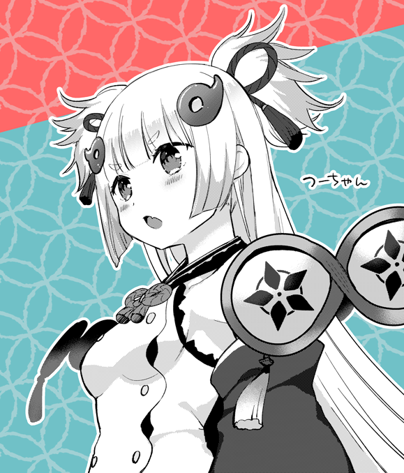 1girl, aqua_background, bangs, blunt_bangs, blush, buttons, commentary_request, detached_sleeves