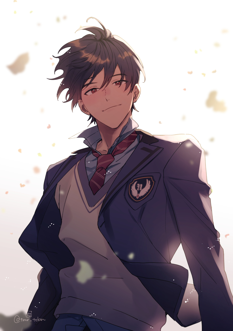 1boy, badge, bangs, black_hair, blazer, blue_jacket, blue_shirt, closed_mouth, collared_shirt, floating_clothes, floating_hair, habataki_academy_school_uniform, happy, jacket, kazama_ryouta, looking_at_viewer, male_focus, motion_blur, necktie, open_clothes, open_jacket, petals, red_eyes, red_necktie, school_uniform, shirt, short_hair, simple_background, smile, solo, sweater_vest, tmr_tcbn, tokimeki_memorial, tokimeki_memorial_girl's_side_4th_heart, twitter_username, untucked_shirt, upper_body, white_background, wind