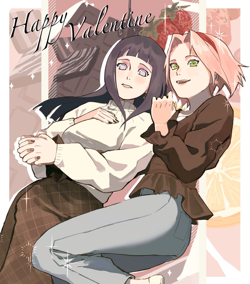 2girls, :d, bangs, black_hair, black_nails, black_shirt, black_skirt, blue_pants, blunt_bangs, boruto:_naruto_next_generations, casual, green_eyes, happy_valentine, haruno_sakura, headband, highres, hime_cut, holding_hands, hyuuga_hinata, long_hair, long_sleeves, looking_at_viewer, multiple_girls, nail_polish, naruto_(series), open_mouth, pants, pink_hair, pnpk_1013, shirt, short_hair, skirt, smile, sweater, white_eyes, white_sweater