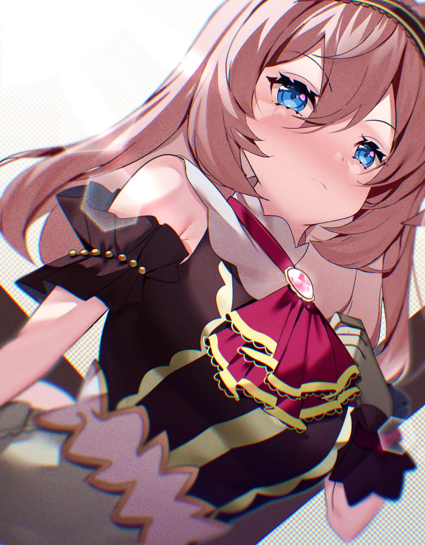 1girl, animal_ears, ascot, bangs, black_hairband, blue_eyes, blurry, blush