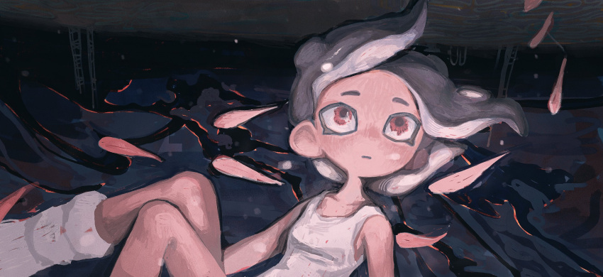 1girl, agent_8_(side_order), agent_8_(splatoon), bare_shoulders, black_hair, bodysuit, breasts, closed_mouth, collarbone, dr_mice, faux_traditional_media, fish, floating_hair, highres, looking_up, medium_hair, octoling, octoling_girl, red_eyes, school_of_fish, sleeveless, sleeveless_bodysuit, small_breasts, socks, solo, splatoon_(series), splatoon_3, splatoon_3:_side_order, suction_cups, tentacle_hair, white_bodysuit, white_socks