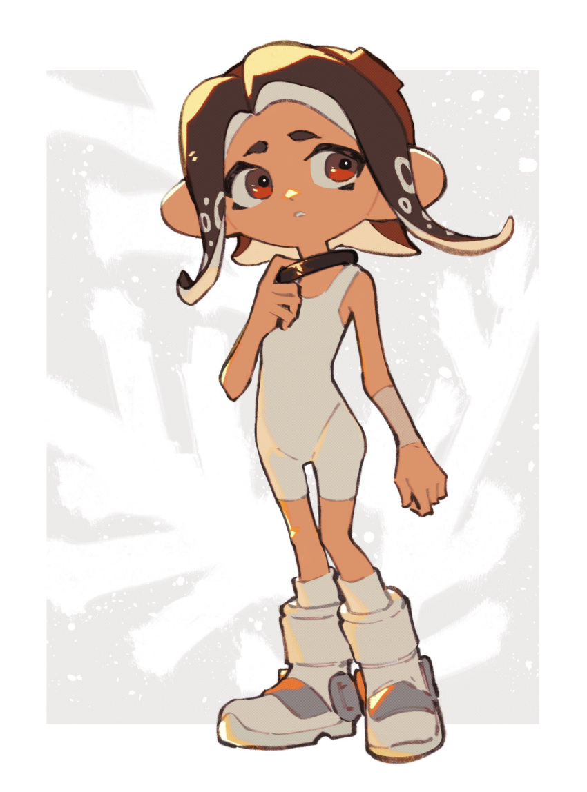 1girl, absurdres, arm_warmers, bare_shoulders, bodysuit, boots, brown_hair, coral