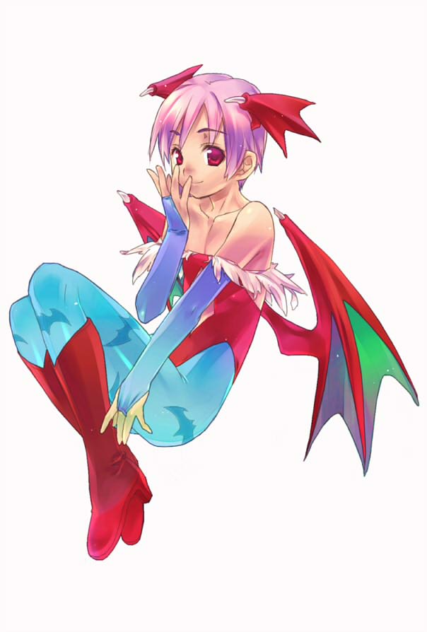 bat_wings, capcom, demon_girl, elbow_gloves, fingerless_gloves, flat_chest, gloves, head_wings